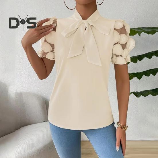 Damen-Shirt mit Schleifenausschnitt, Mesh-Jacquard, kurze Ärmel, Freizeithemd, einfarbige Bluse für den Alltag