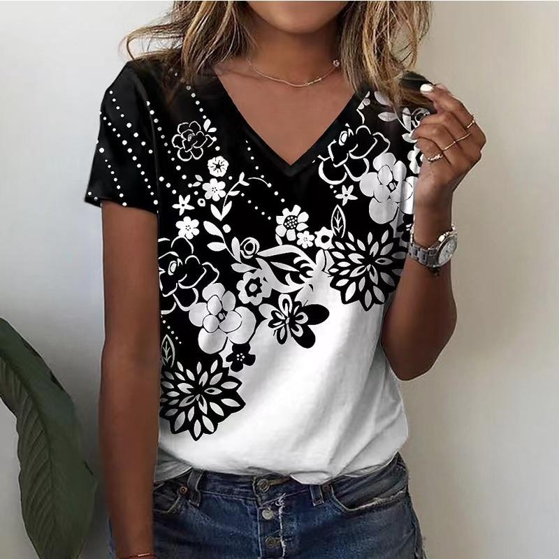

Women s printed V-neck T-shirt casual short sleeved top XS