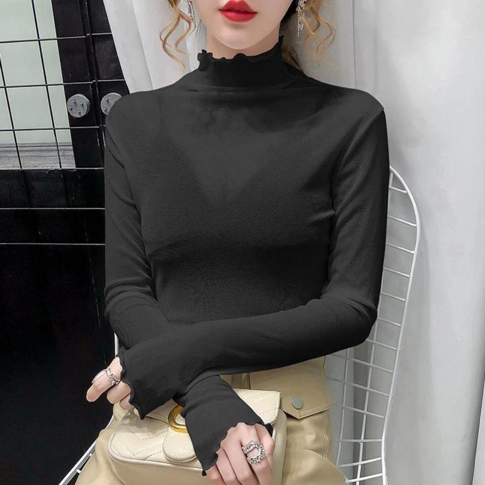 Lace Base Shirt Women's Long Sleeved Mesh Inner Top High Neck T-shirt Gauze Jacket