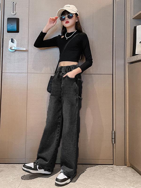 Autumn 2026 Girls' Straight Wide-Leg Jeans for Junior High Students - Stylish & Comfortable Kids' Pants
