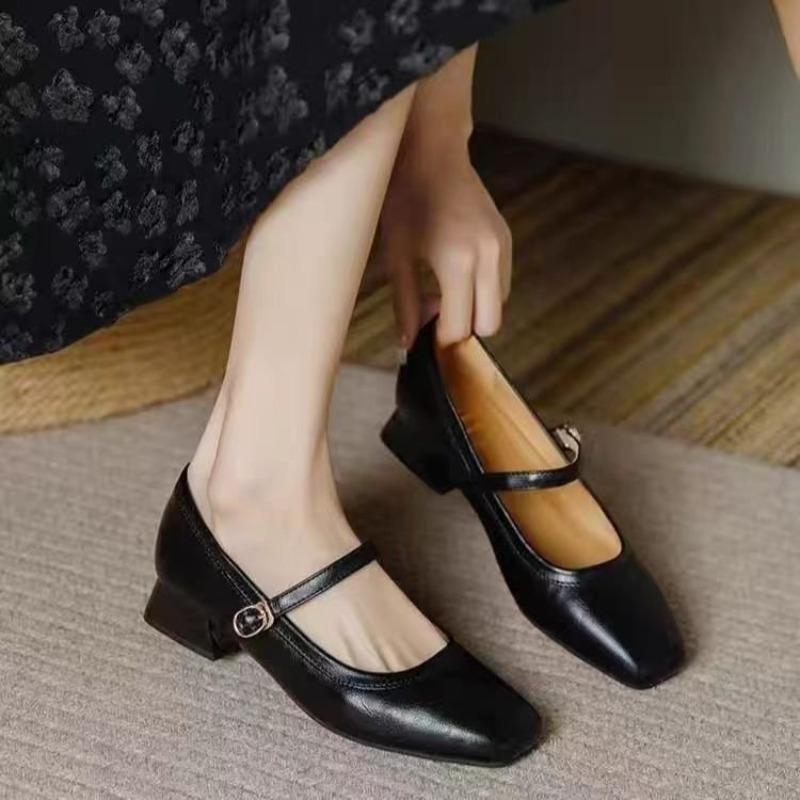 Retro square head Mary Jane women's shoes autumn new versatile high heels thick heel light mouth single shoes women