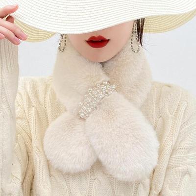 Elegante Perlenschnalle Kreuzschal Damen Weicher Plüsch Winter Warmer Nackenkragen Schlauchschal Damen Dame Kunstkaninchenfell Halstuch