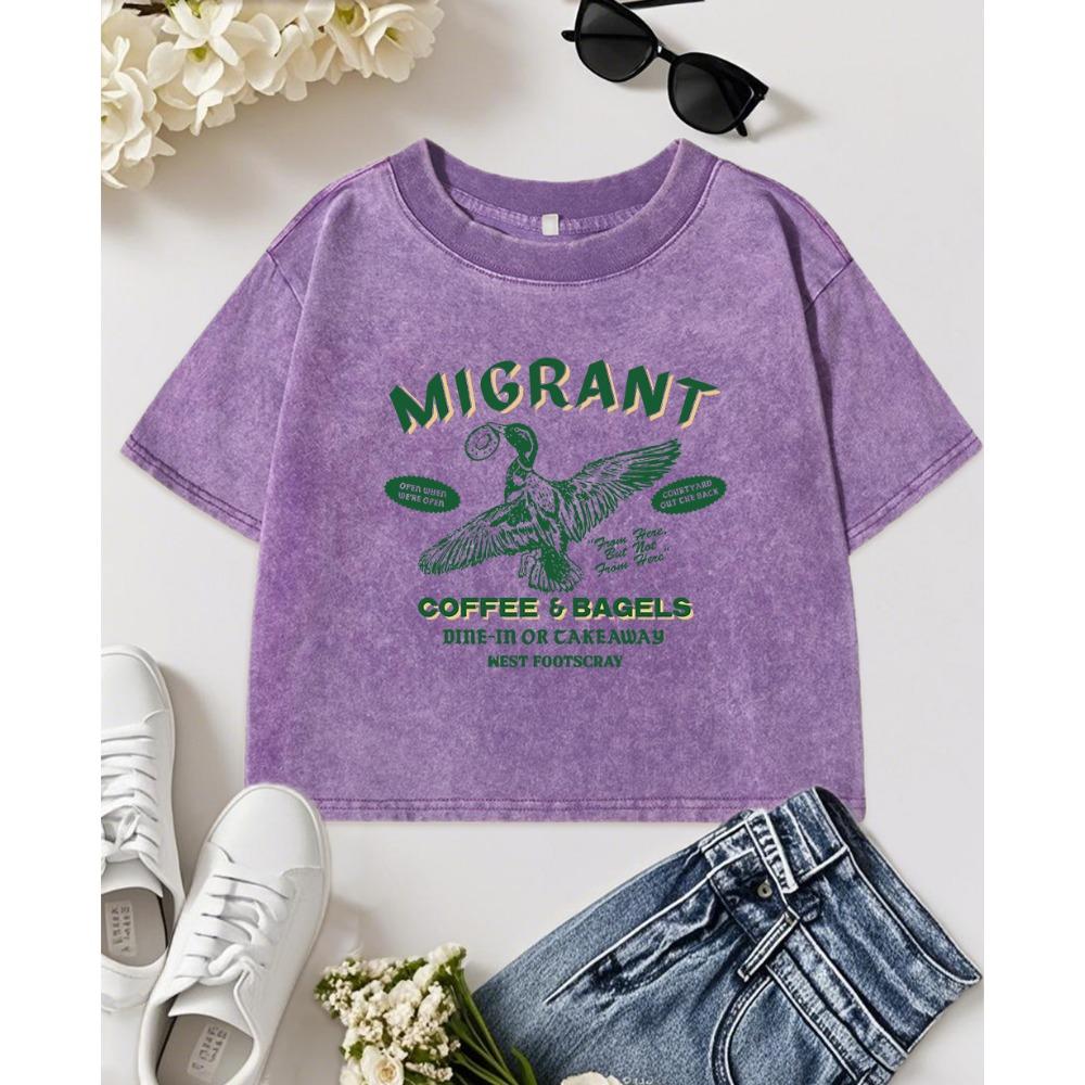 Migrant Coffee Bagels Printwashed Crop T-Shirt Women Summer O-Neck T Shirts Vintage Cotton Sportswear  T Shirt