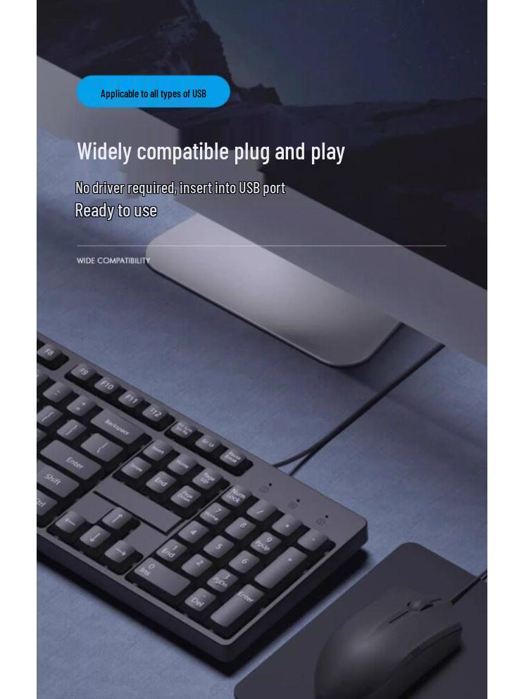 Black USB Wired Keyboard and Silent Mouse Set for Office or Gaming