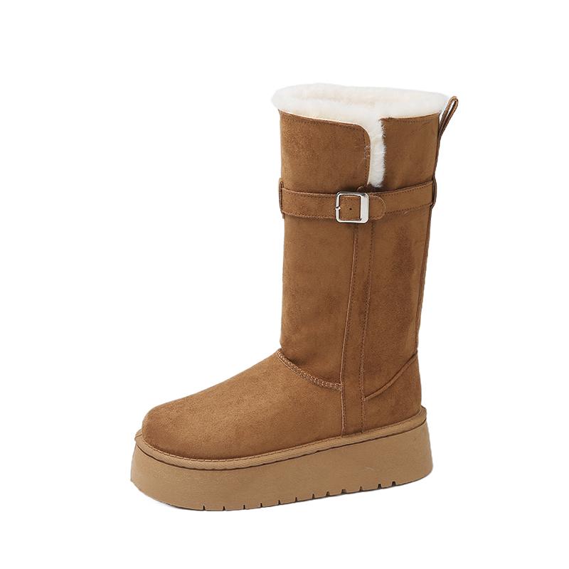 Mittelhohe Schneestiefel Winter Neu Runde Spitze Wildleder Ärmel Gürtelschnalle Plateau Rutschfest Verschleißfest Baumwollschuhe
