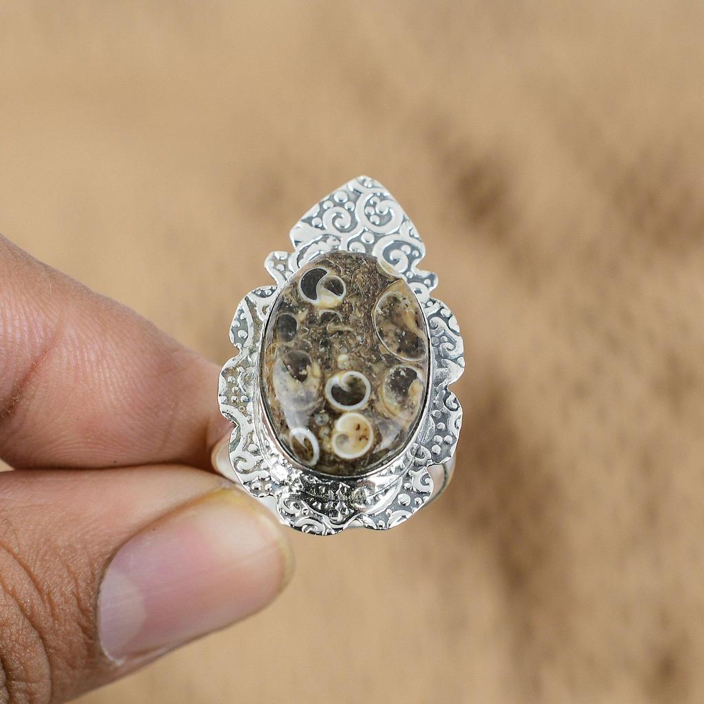 Natural Turritella Agate Multi Stone Adjustable Ring 925 Silver For Women