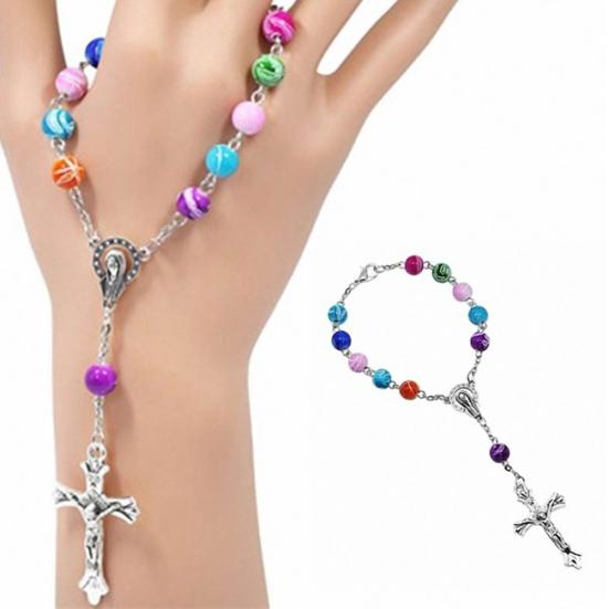 Christianity Goddess Jesus Cross Pendant Colorful Beads Chain Women Bracelet
