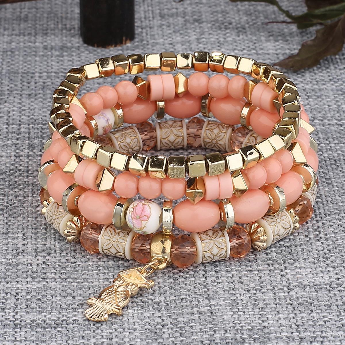 Богемный многослойный браслет с бусинами и подвеской-совой