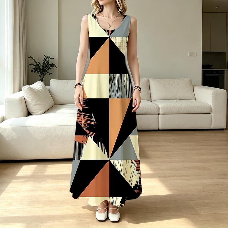 Fashionable Geometric Splicing Sleeveless Maxi Dress Soft Loose Fit,Versatile for Vacation,Daily Casual,Home Wear,Travel & Photoshoot