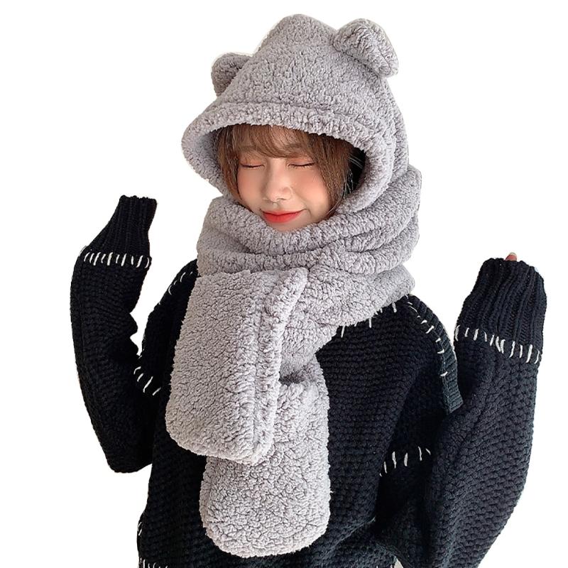 Trendy Women Plush Hats Gloves Scarf 3in1 Suit Cartoon Bear Ear Shape Warmth Hats Hat Adults Winter Hat for Teenagers