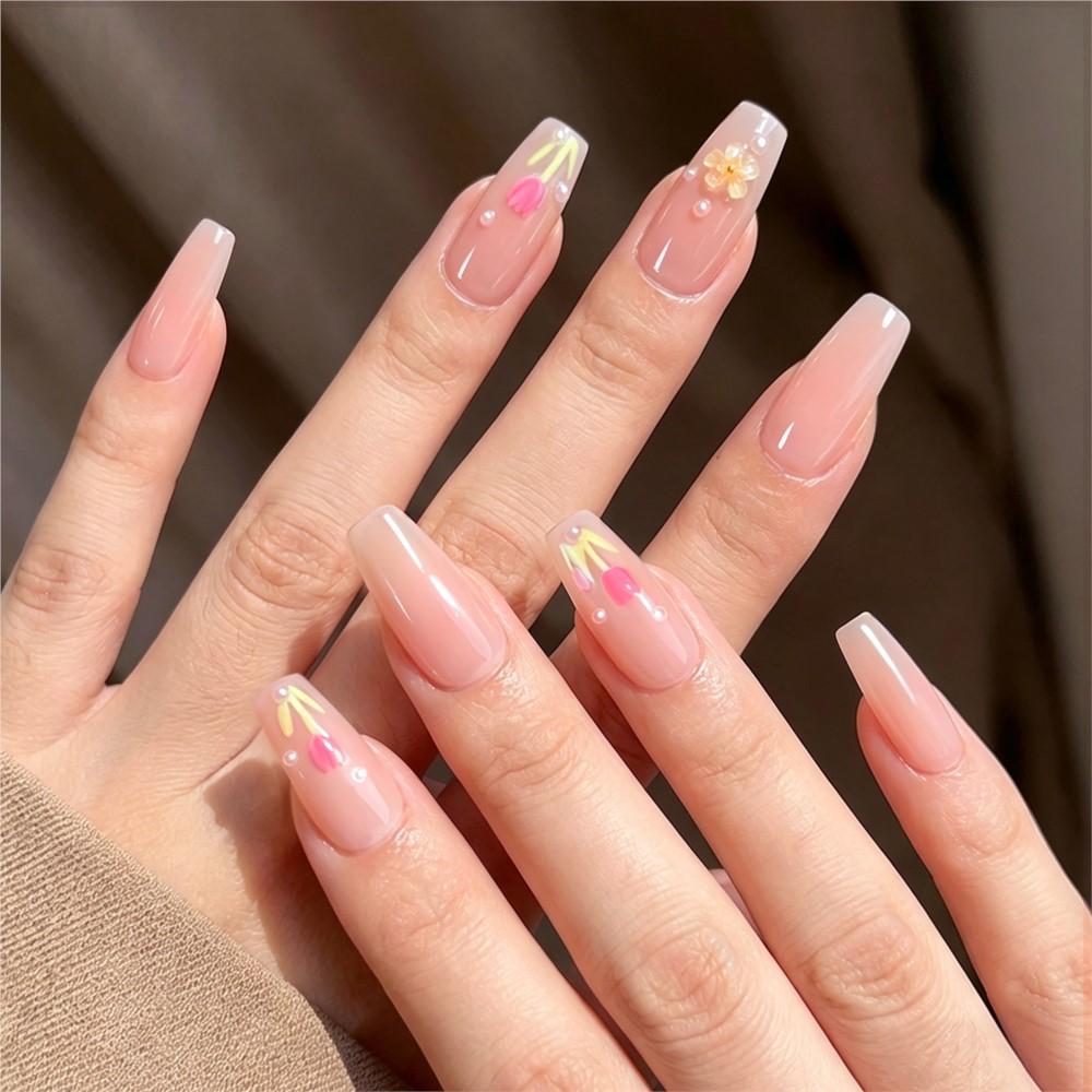 10/30pcs 5D Ice Transparent Pink Long Coffin False Nails 3D Cute Tulip & Acylice Flower Press On Nails Full Cover Fake Nails D&4