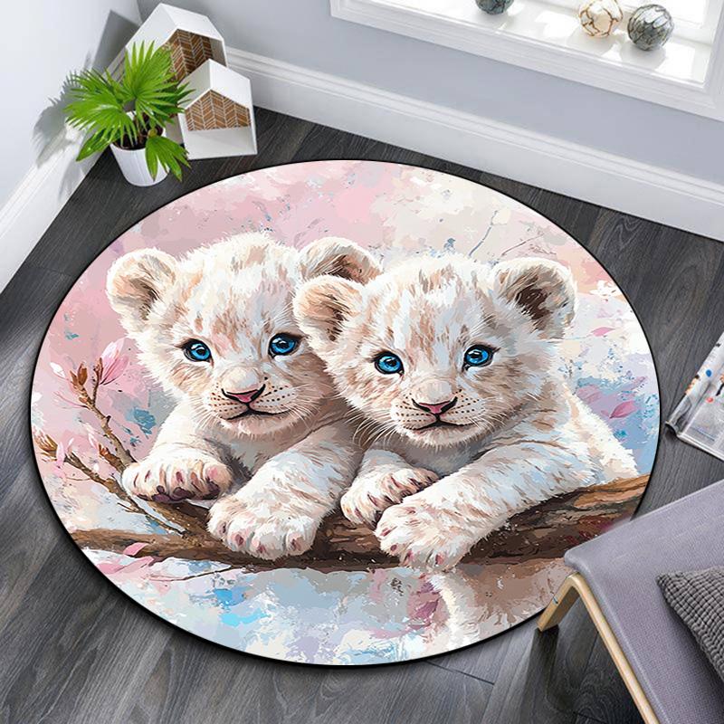 Lion Cubs Round Area Rug,Carpet Rug for Living Room Bedroom Sofa Playroom Decor,Non-slip Floor Mat