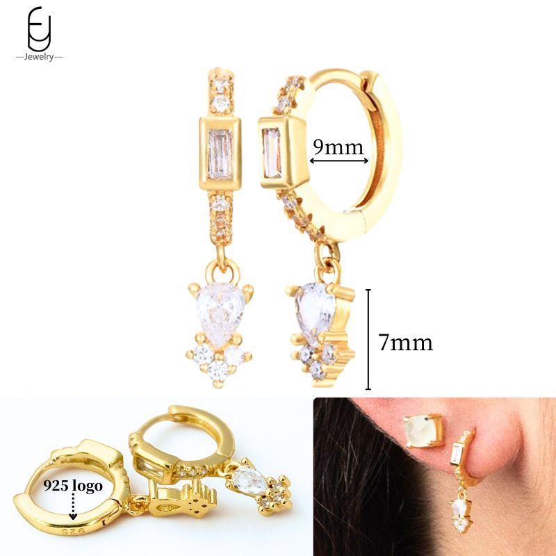 925 Silver Ear Needle White Crystal Gold Earrings for Women Luxury Water drop/Heart/Flower Pendant Earring Fine Jewelry