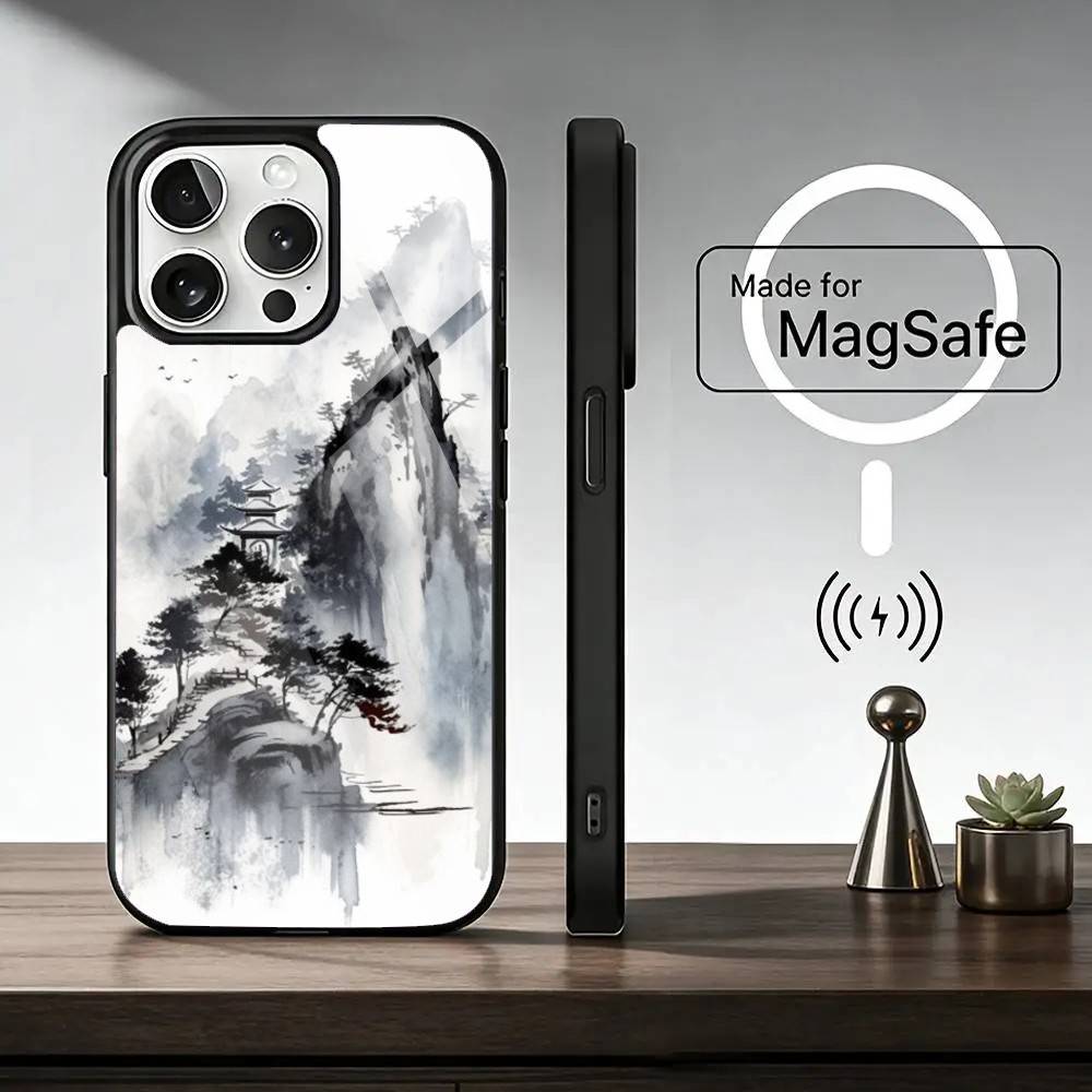 Chinese l-landscape Phone Case For iPhone17,16,15,14,13,12,11 Plus,Pro Magnetic For Magsafe Wireless Charging