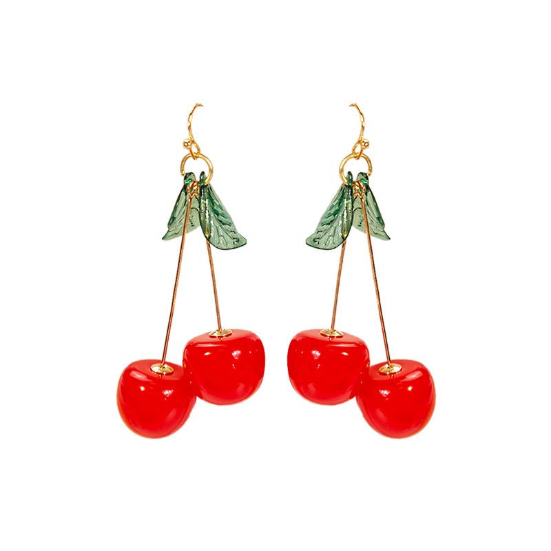 Japanese and Korean fruit cherry earrings Internet celebrities ins exquisite green leaf earrings cartoon cute temperament student resin earrings