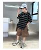 Boys' Summer Outfit Set 2026 New Item, Mid Size Children's Summer Boys' Thin Short Sleeved Children's Sports Striped Top, Trendy