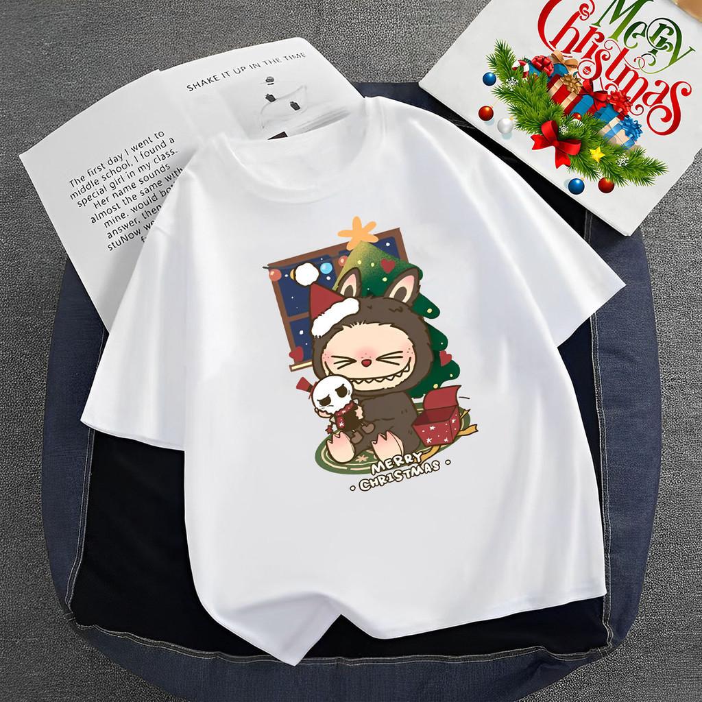 Merry Christmas Fashion Labubu New Cute T-shirt Unisex 100% Cotton Trend Round Neck Short Sleeve