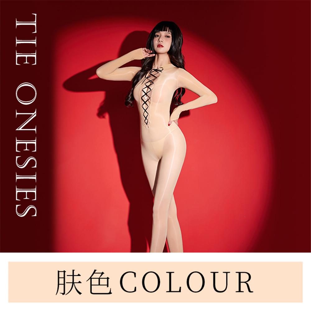 Sexy Women Cosplay Maid Tight Oil Glossy Elastic Bodysuit Stain Sheer See Through Silky Yoga Jumpsuit Bandage Hollow Out Leotard