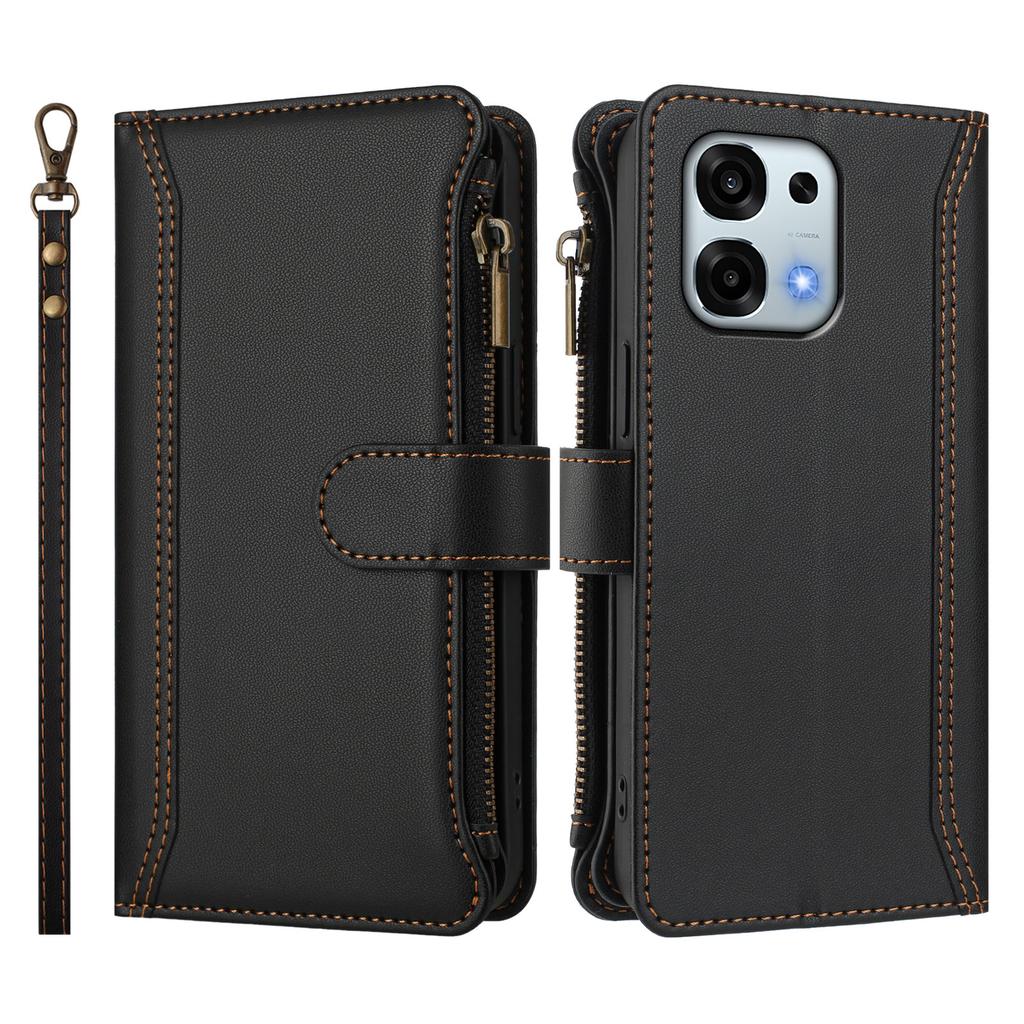 For Oppo F31 5G/Oppo A6 Pro 5G Leather Case 9 Card Slots Zipper Wallet Stand Phone Cover with Wrist Strap