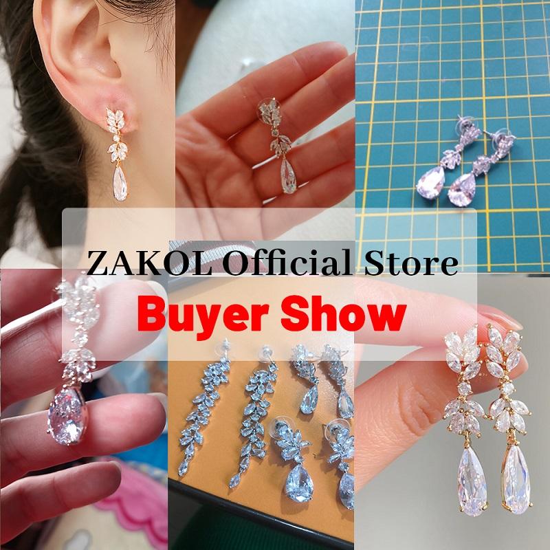 ZAKOL White Zircon Leaf Dangle Earrings for Women Shinny Water Drop Crystal Flower Pendant Earring Bridal Wedding Jewelry