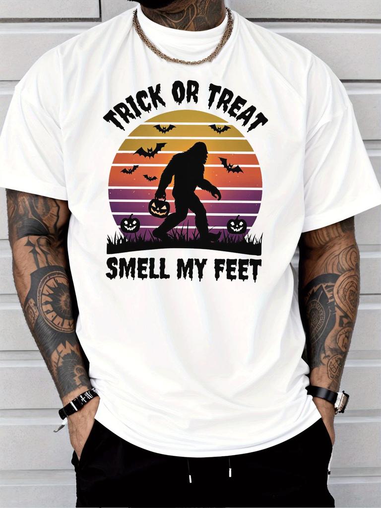 Halloween Bigfoot Pumpkin Bat Sunset Graphic Unisexs Cotton Crew Neck Tee Short Sleeve Loose Casual Daily Street Male Wear Top
