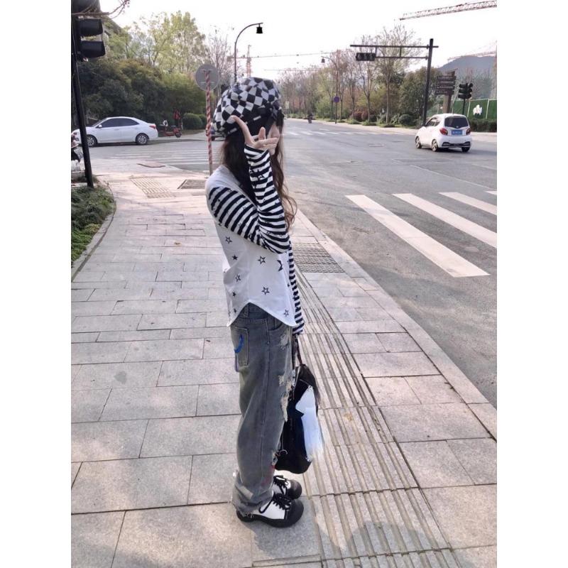 Streetwear Long Sleeve T Shirts Harajuku Women Punk Star Print Casual Striped  Shirt Japanese Y2k Aesthetic Grunge Ee