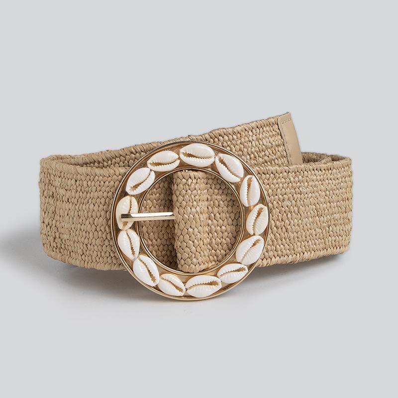 Boho Belt Vacation Style Natural Round Buckle Shell Pp Grass Elastic Women's Belt