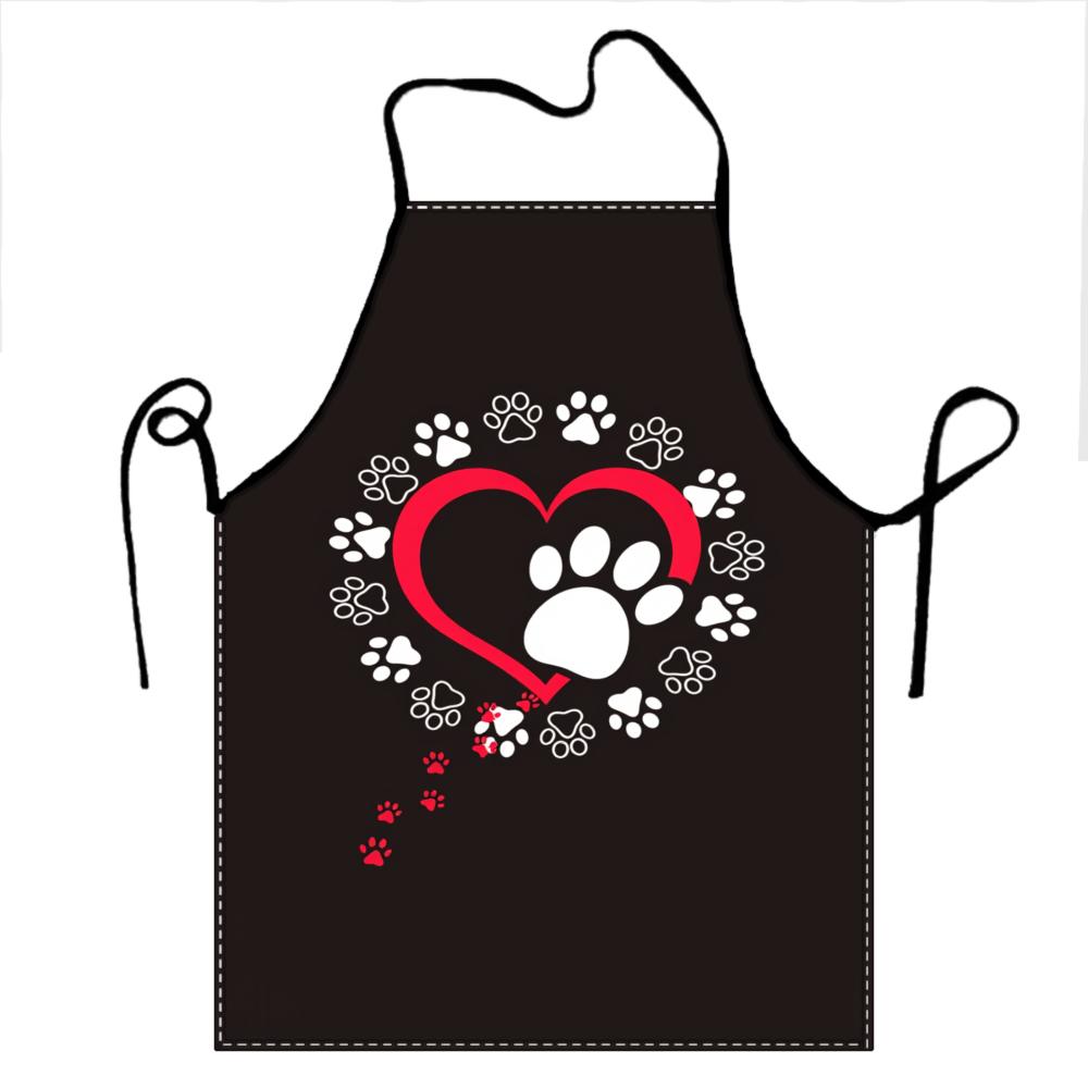 Black Apron With Red Heart And White Paw Prints Design For Pet Lovers Cooking Kitchen Wear