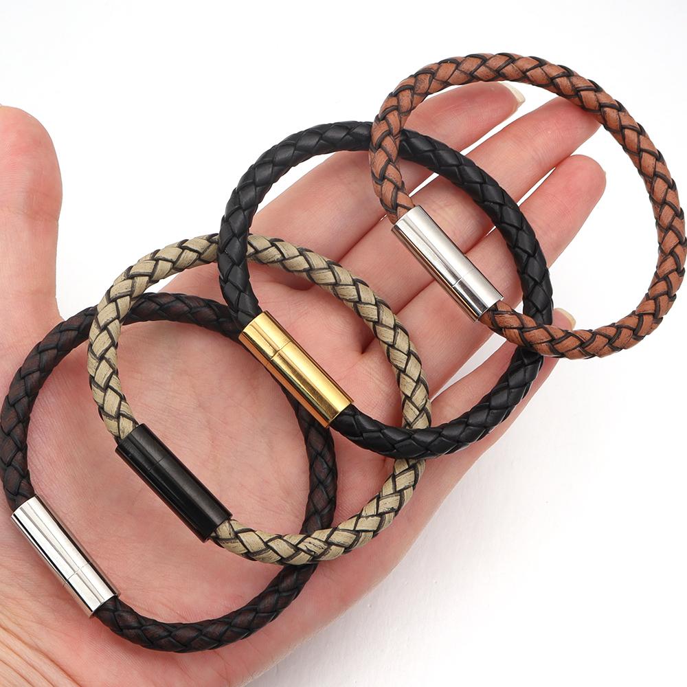 1pc 20cm Simple Design Men's Bracelet Genuine Leather Braided Stainless Steel Magnetic Buckle Bangle For Women Men Jewelry Gifts