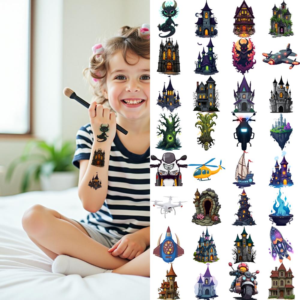 54pcs Temporary Tattoo Spooky Castle Cartoon Gothic Mansion Flying Drone Temporary Tattoo Stickers Haunted House For Cheeks