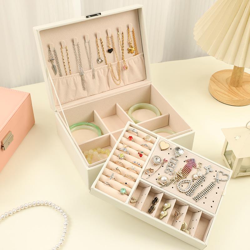 Spot PU Double-Layer Lockable Jewelry Storage Box for Rings, Earrings, and Necklaces