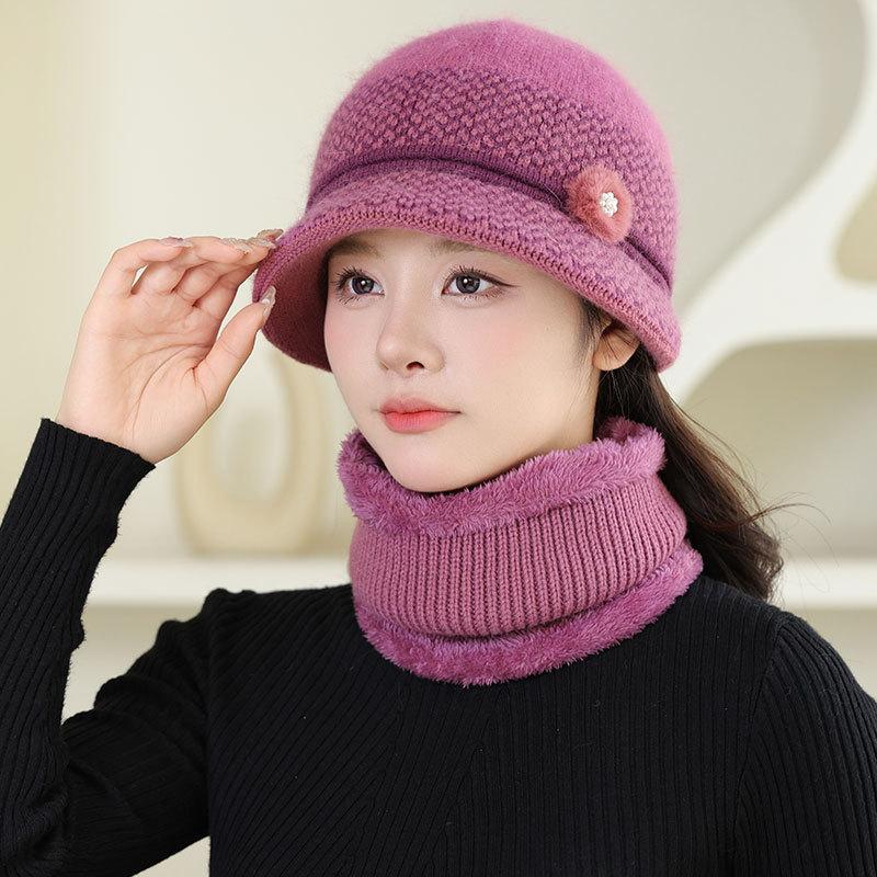 Fleece Warm Hat Ladies Mom Rabbit Plush Fashion Knitted Scarf Basin Hat Winter Grandma Windproof Hat