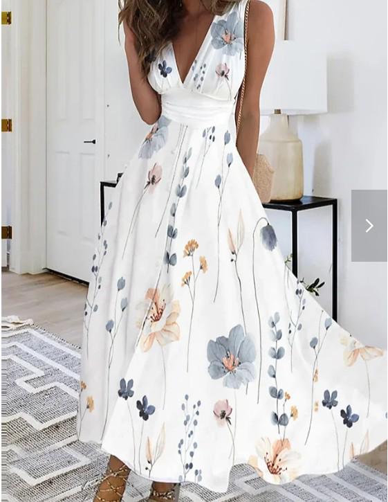 2023 Women's Summer V-Neck High Waist Sleeveless Printed Dress