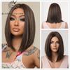 Perucas de platina com destaque marrom médio, cabelo sintético, franja reta, resistente ao calor diário feminino