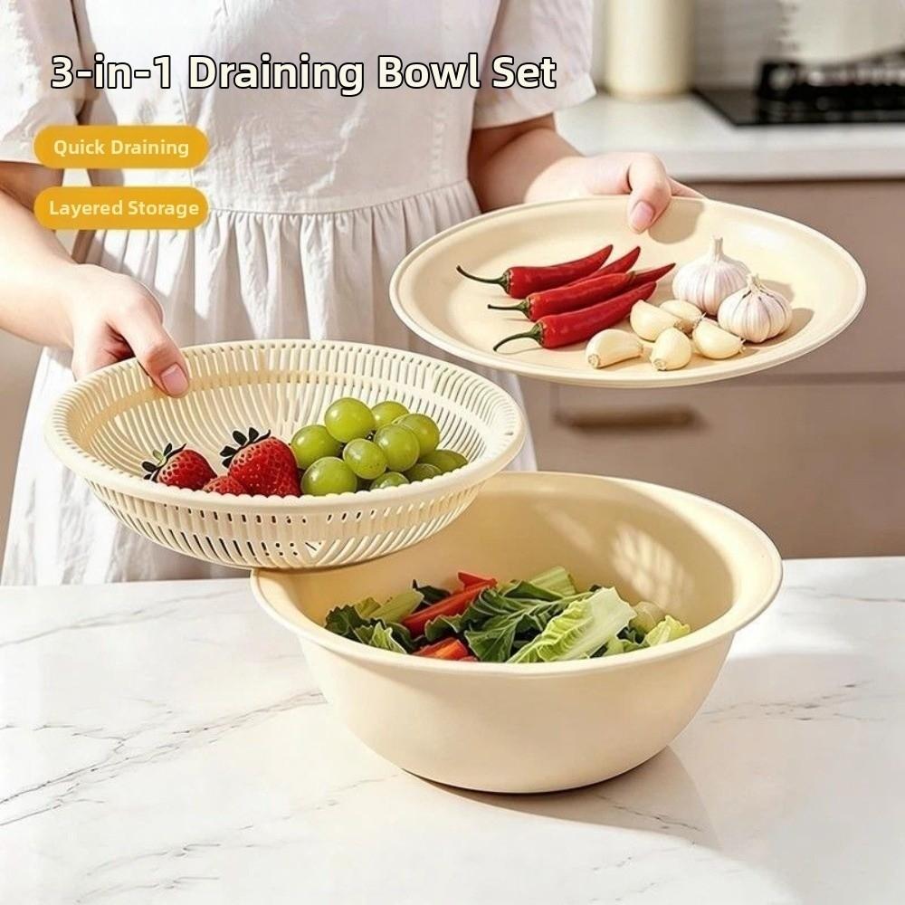 3Pcs/Set Stackable Vegetable Washing Basin Large Capacity Kitchen Colanders Bowl Set  Pasta Strainer