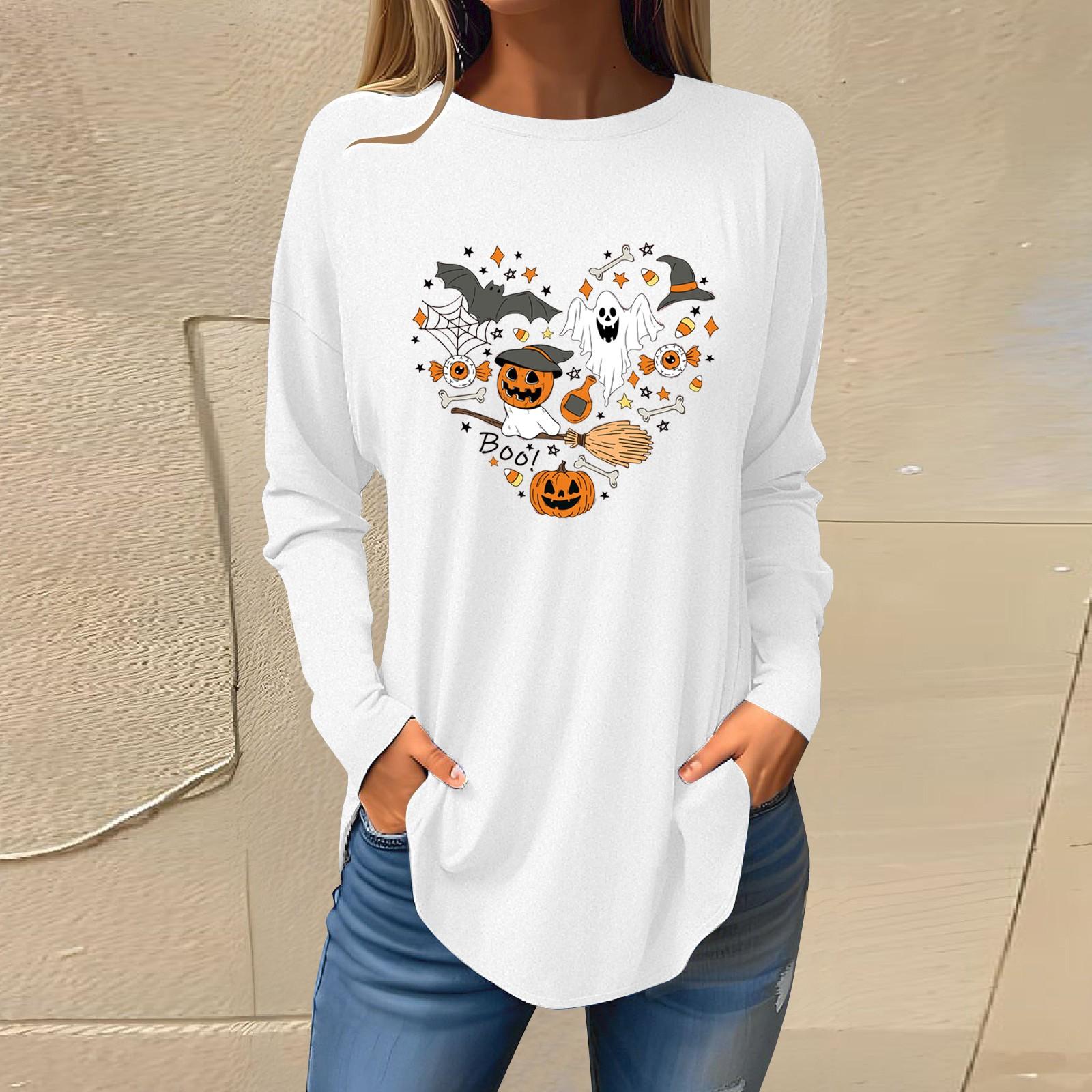 

Tee Shirts For Women Fall Casual Long Sleeve Shirts Sweatshirt Retro Printing Top Pullover M белый