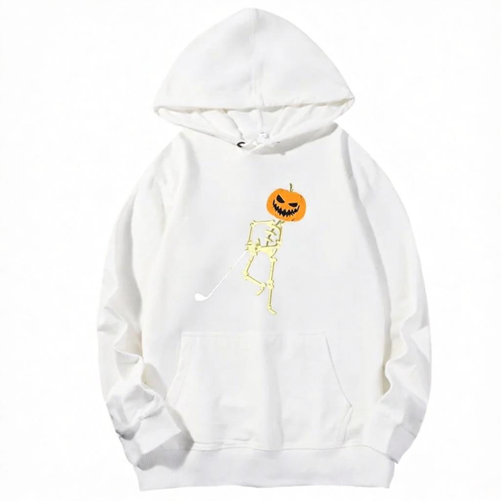 Funny Skeleton Head Pumpkin Playing Golf Humor Print Pullover Trendy Autumn Winter Long Sleeve with Pocket Women Harajuku Hoodie