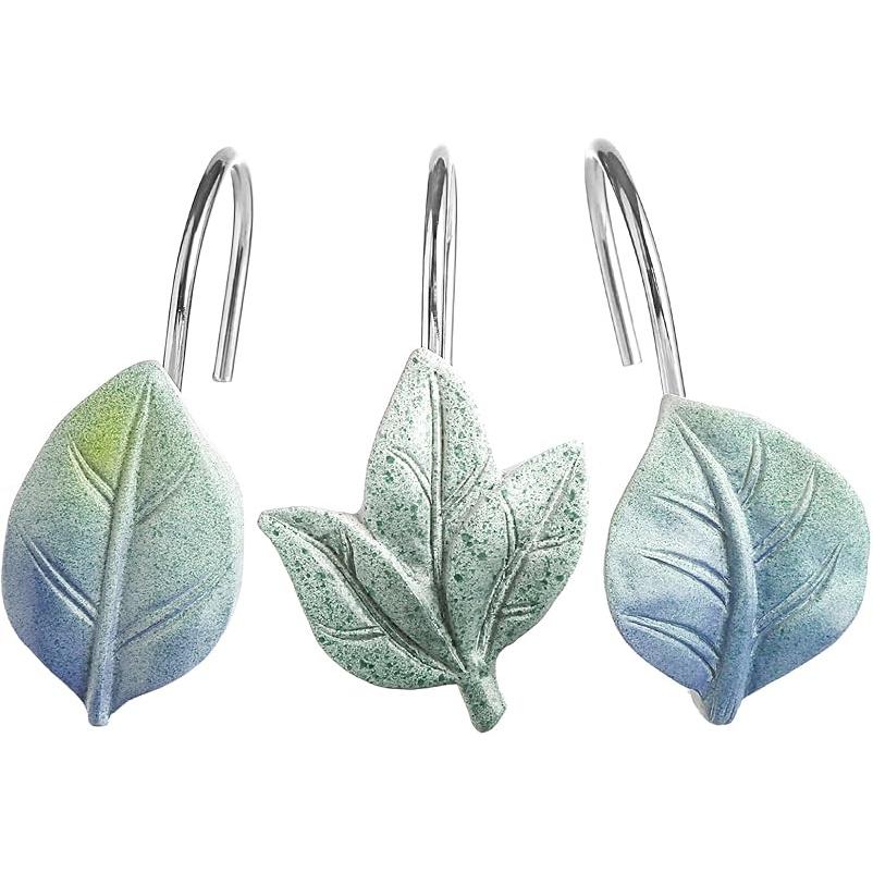 Gibelle 12 ST Blad Duschdraperikrokar, Grön Växtblad Dekorativa Duschdraperikrokar Metall Rostskyddad Söt Eukalyptus Duschdraperiringar