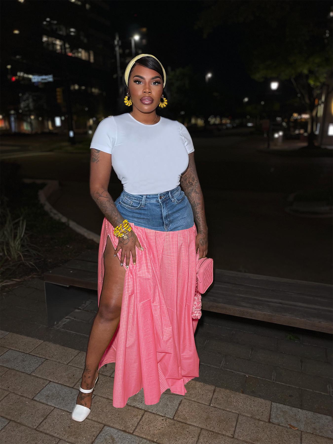 TW738 Европейская и американская милая модная дерзкая девушка Джинсовая юбка с высокой талией, пэчворк, клетка S красный