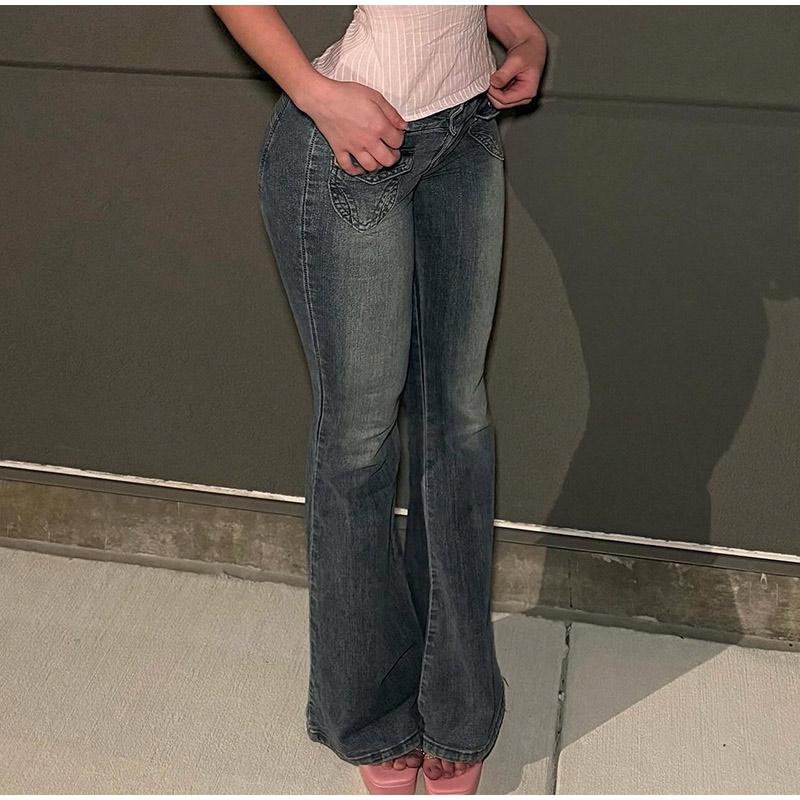 Vintage Y2k Flared Jeans Retro Button-up Middle Waist Casual Denim Pants Harajuku 2000s Basic Aesthetic Cotton Trousers 2025 Spring Autumn