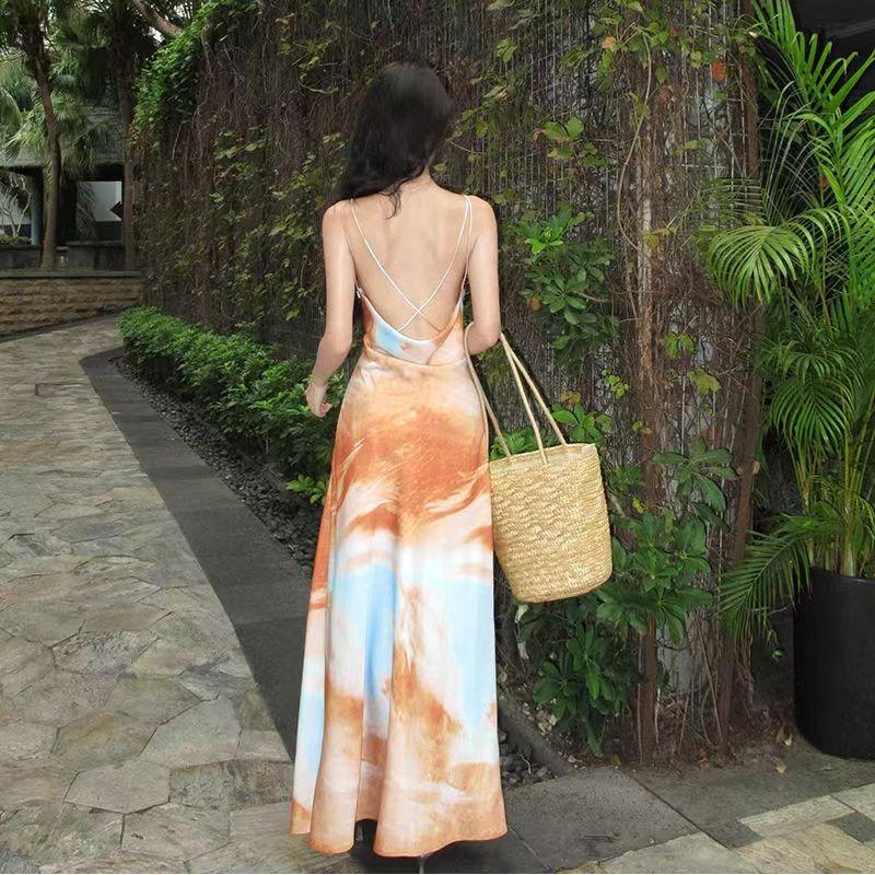 Off Shoulder Elegant Sling Party Strap Dress Women Sexy Printing Chic Backless Long Dresses Female Sweet Fashion Sleeveless Beach Clothing