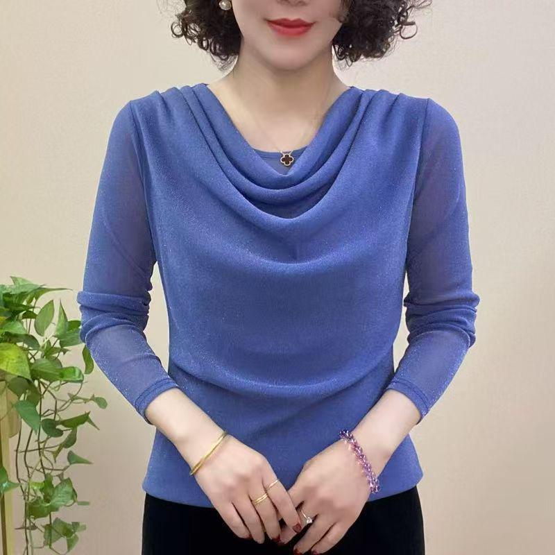 One-Piece 2025 Autumn Pile Collar Mesh Long-Sleeve Women's T-Shirt
