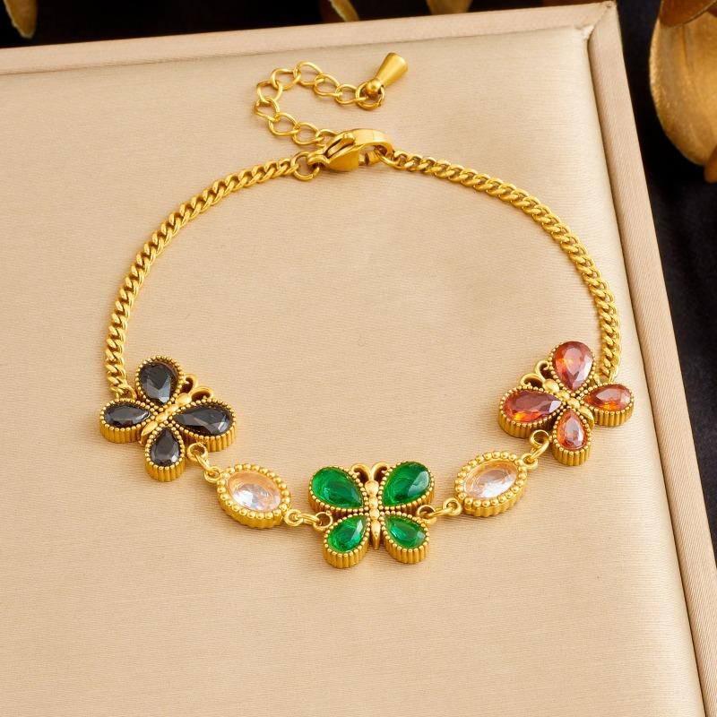 Gold Vintage Cz Butterfly Curb Chain Bracelet