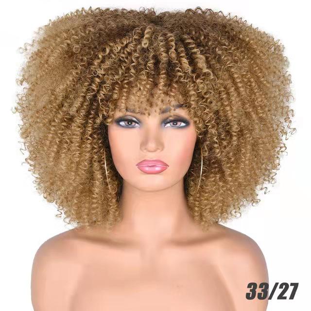 Bybrana Kurzes Haar Afro Kinky Curly Perücken mit Pony für schwarze Frauen Afrikanische synthetische Omber kleberlose Cosplay Perücken Hochtemperatur Lizzy