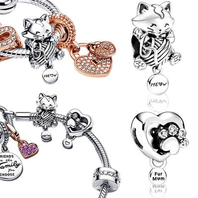 Sparkling Paw Print & Heart Kitten & Yarn Ball Charm Beads Pendant Fit Original Copper Bracelet Necklace Beads For Diy Jewelry