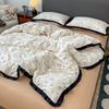 INS French Style Floral Simple Black Lace Double Layer Gauze Bedding Set Washed Cotton Bed Sheet Fitted Sheet Fresh Quilt Cover
