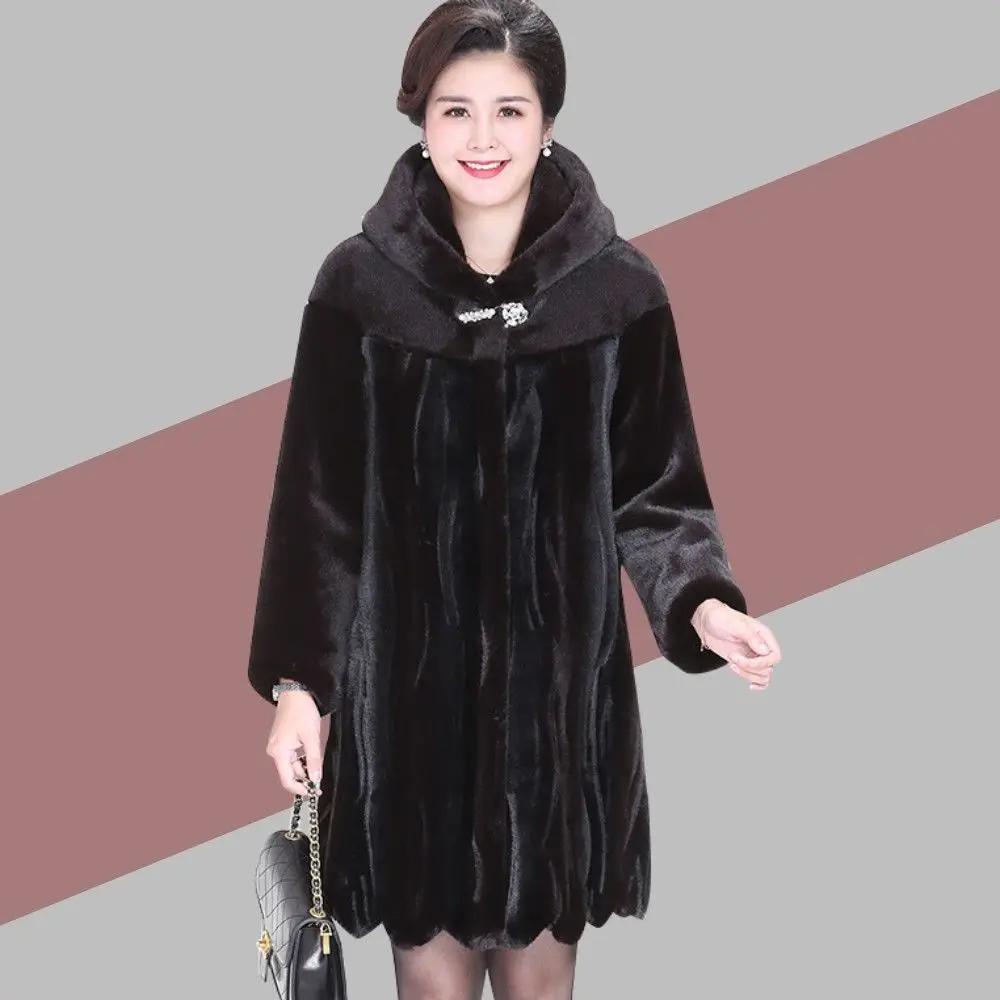 

Женская меховая куртка с капюшоном, большой меховой воротник, длинная толстая куртка, женская теплая верхняя одежда, женские куртки из натурального меха XXL кофейный
