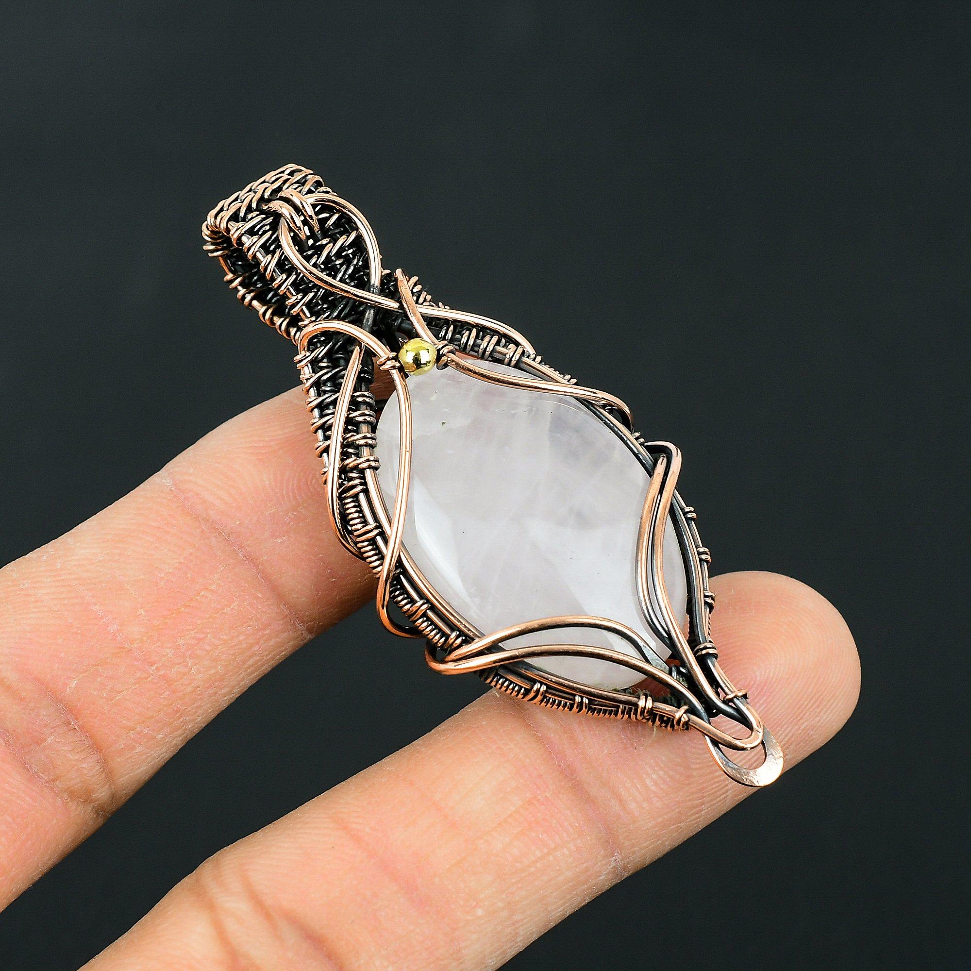 Artisan Antiqued Copper Wire Wrap Pendant with Rose Quartz  Gemstone - Gothic Boho Crystal Necklace