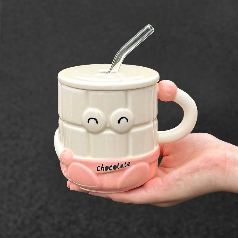 High-value Cartoon Straw Cup Cute Ceramic Mug with Lid for Girls' Girlfriend's Birthday Gift Souvenir