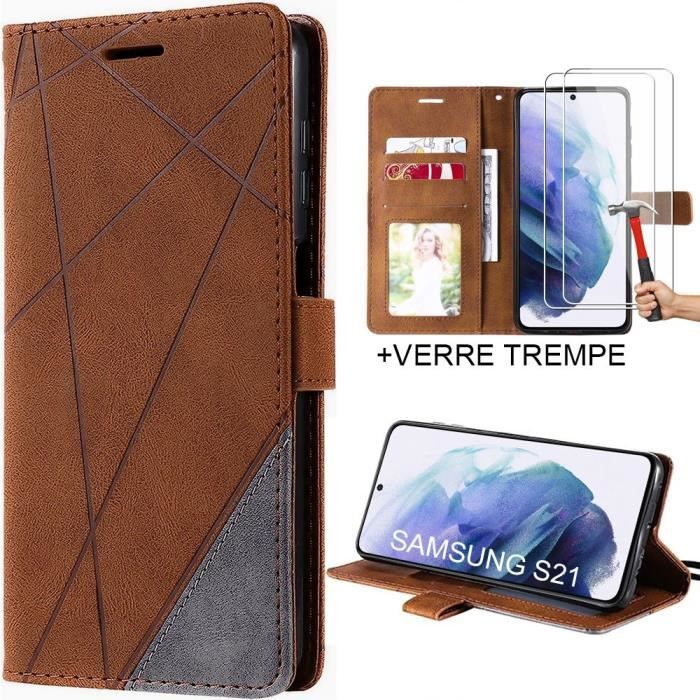 Coque pour Samsung Galaxy S21 avec 2 Verres Trempés - Cuir PU Antichoc Intégral Marron